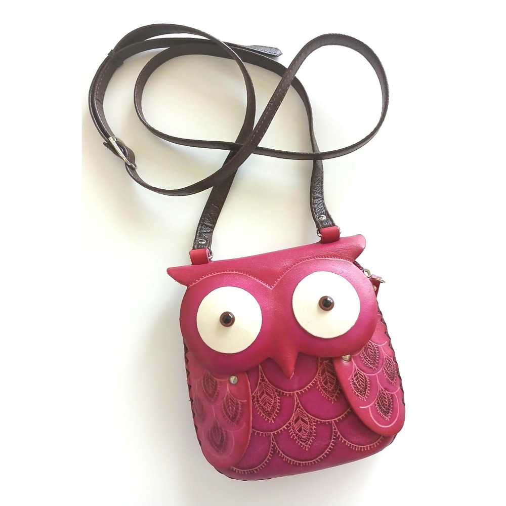 Owl Red Leather Crossbody 6" Purse / Bag W/ Adjustable Strap - Vintage